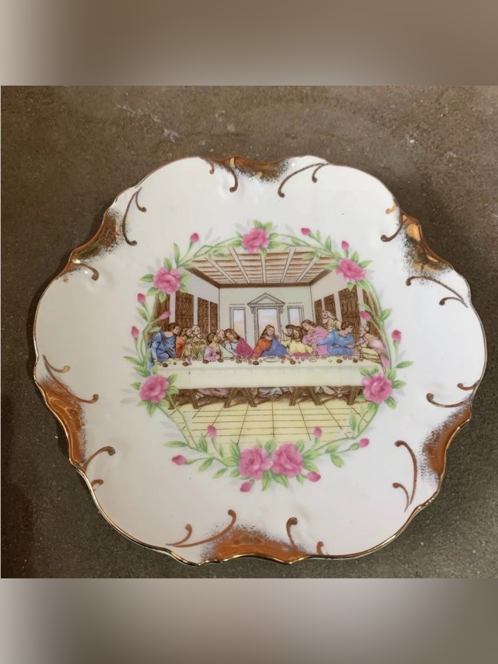 Vintage Jesus The Last Supper Decorative Plate 18 K Gold Trim MCM Made in Japan